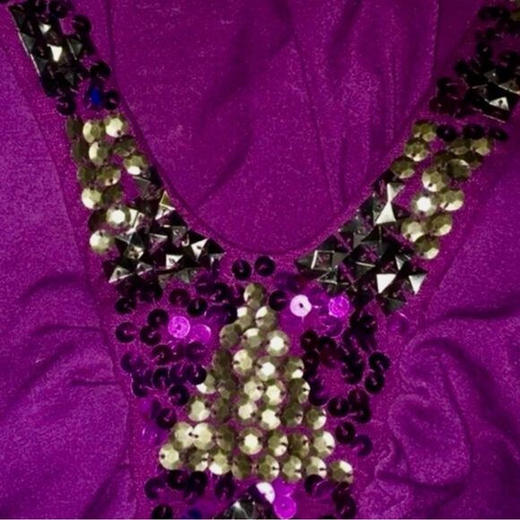 Charlotte Russe VTG Y2K Top Bohemian Purple Sequins Deep V-Ruched 3/4 Sleeve M - Picture 10 of 16